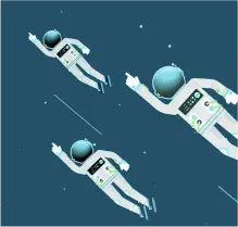 Akendi how we work - cartoon spacemen flying over a starfield